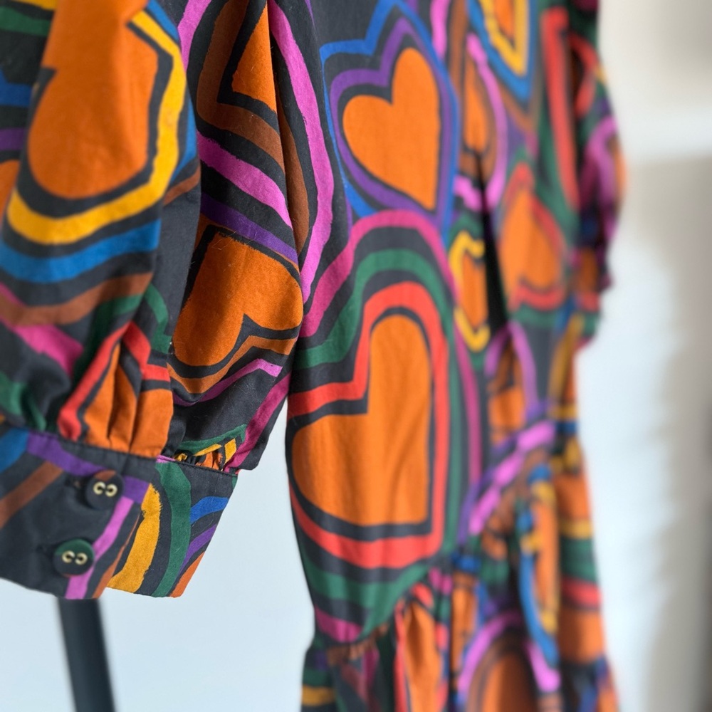 Farm Rio Anthropologie Heart Print Tie Front Mini Dress XS Puff Sleeve - Picture 8 of 8